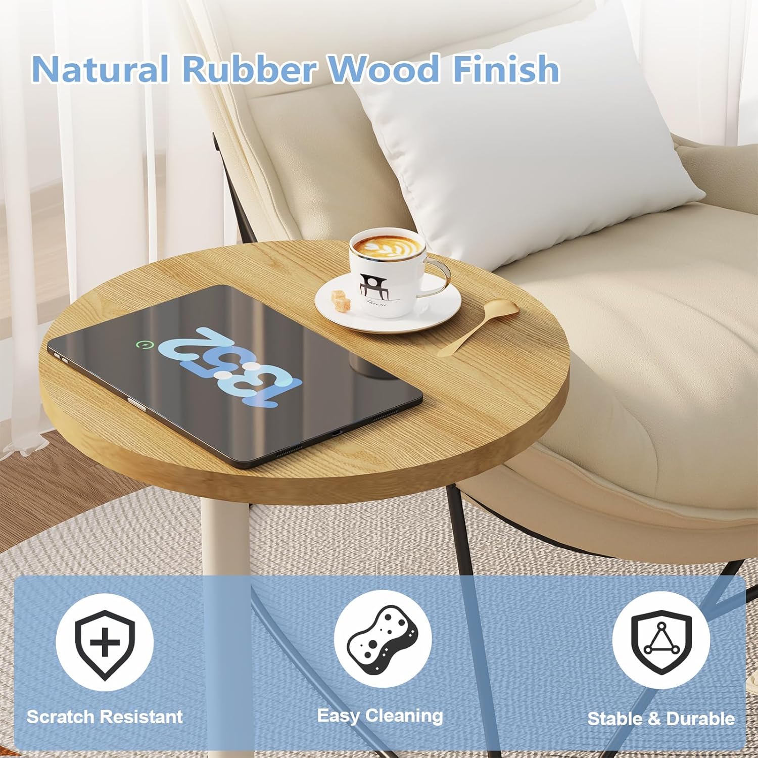 C Shaped Round End Table, Small Side Table for Couch,Tv Trays for Eating,Snack Sofa Tray Table with Metal Leg for Living Room, Bedroom, Bedside,and Office (Rustic Oak)