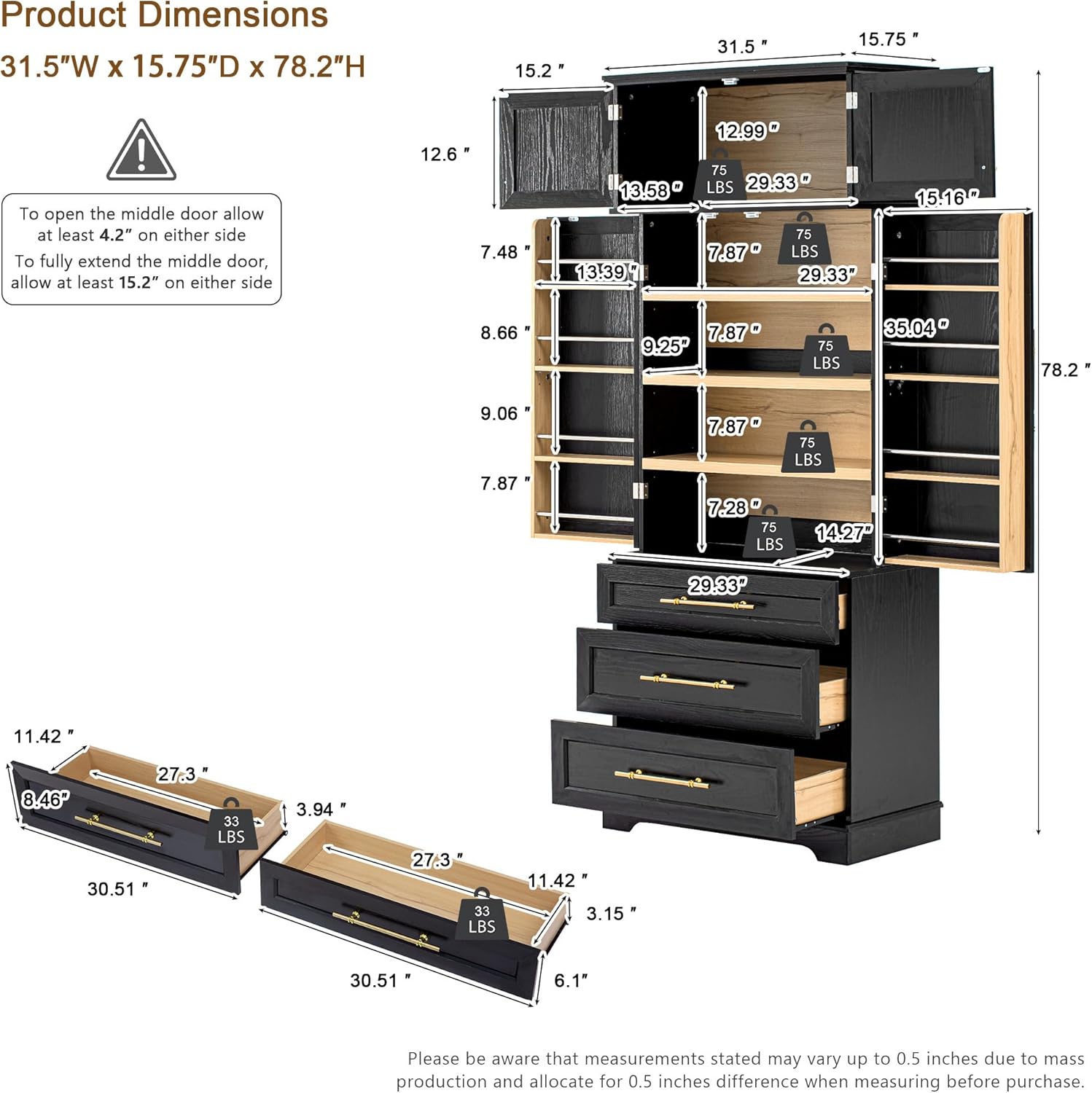 78.2" Tall Farmhouse Kitchen Pantry Cabinet with 8 Door Shelves, Storage Cupboard with 3 Adjustable Shelves, 3 Large Drawers,for Dining & Bathroom (Ash Black-J)
