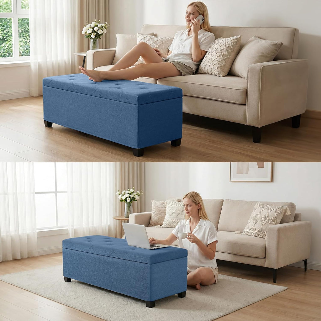 DUMOS Upholstered Storage Bench, End of Bed Ottoman, Extra Large 46.5 Gal (176L) Internal Volume, Foot Stool for Bedroom, Living Room, Sturdy Storage Chest, Blue, 43.3" L x 15.7" W x 15.7" H