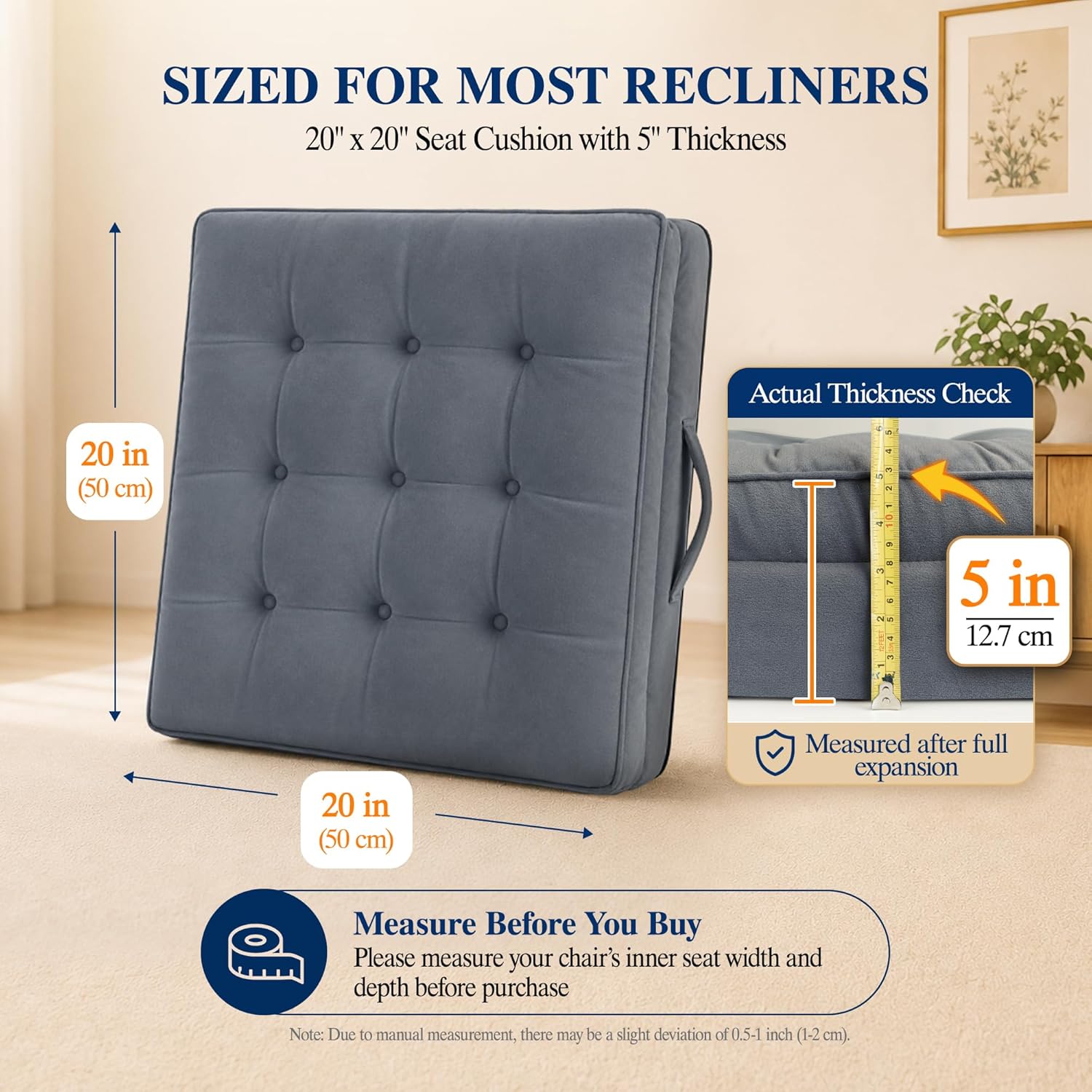 Allaboutsla Recliner Cushion for Elderly: 20x20x5 Comfy Recliner Seat Cushion, Dual-Layer Foam Support for Long Sitting and Raise Seat Height, Non-Slip Cushions for Recliners, Couch & Armchair - Gray