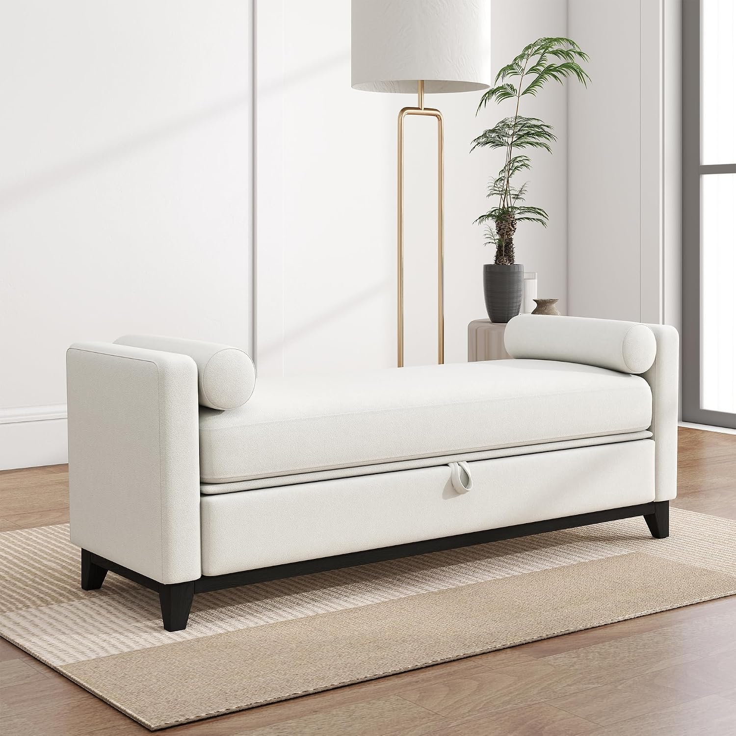 KEIKI Upholstered End of Bed Storage Bench, 66" Modern Bedroom Bench Indoor Bench with 2 Bolster Pillows, Entryway Bench with Solid Wood Frame for Bedroom Living Room, Beige+Black
