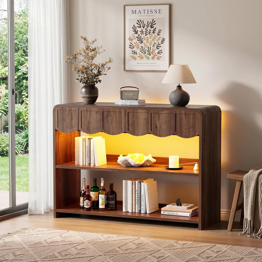 PAKASEPT Retro Entryway Table with RGB LED Lights, 43" Walnut Console Table with 3 Drawers & 2 Open Storage Shelves, Mid-Century Modern Hallway Accent Tables Behind Couch Table for Living Room