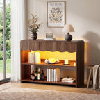 PAKASEPT Retro Entryway Table with RGB LED Lights, 43" Walnut Console Table with 3 Drawers & 2 Open Storage Shelves, Mid-Century Modern Hallway Accent Tables Behind Couch Table for Living Room