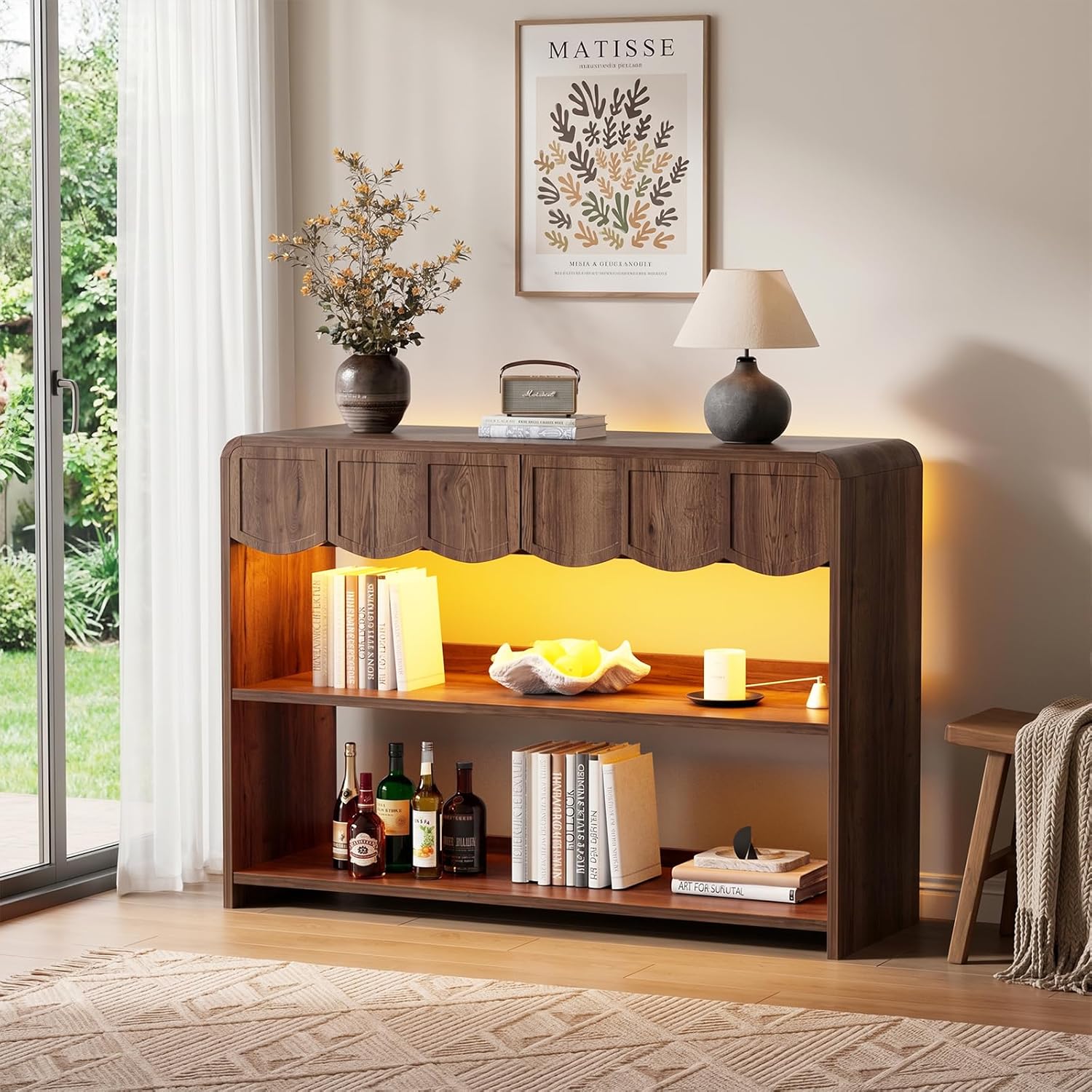 PAKASEPT Retro Entryway Table with RGB LED Lights, 43" Walnut Console Table with 3 Drawers & 2 Open Storage Shelves, Mid-Century Modern Hallway Accent Tables Behind Couch Table for Living Room