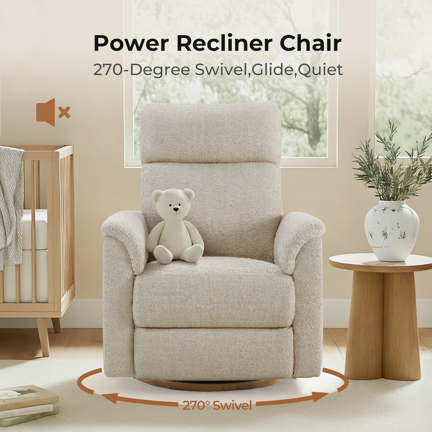 CHITA Power Swivel Glider for Adults with Nightlight, Nursery Recliner Chair with Power Headrest for Living Room, Bedroom, Water-Resistant Boucle Fabric in Sand