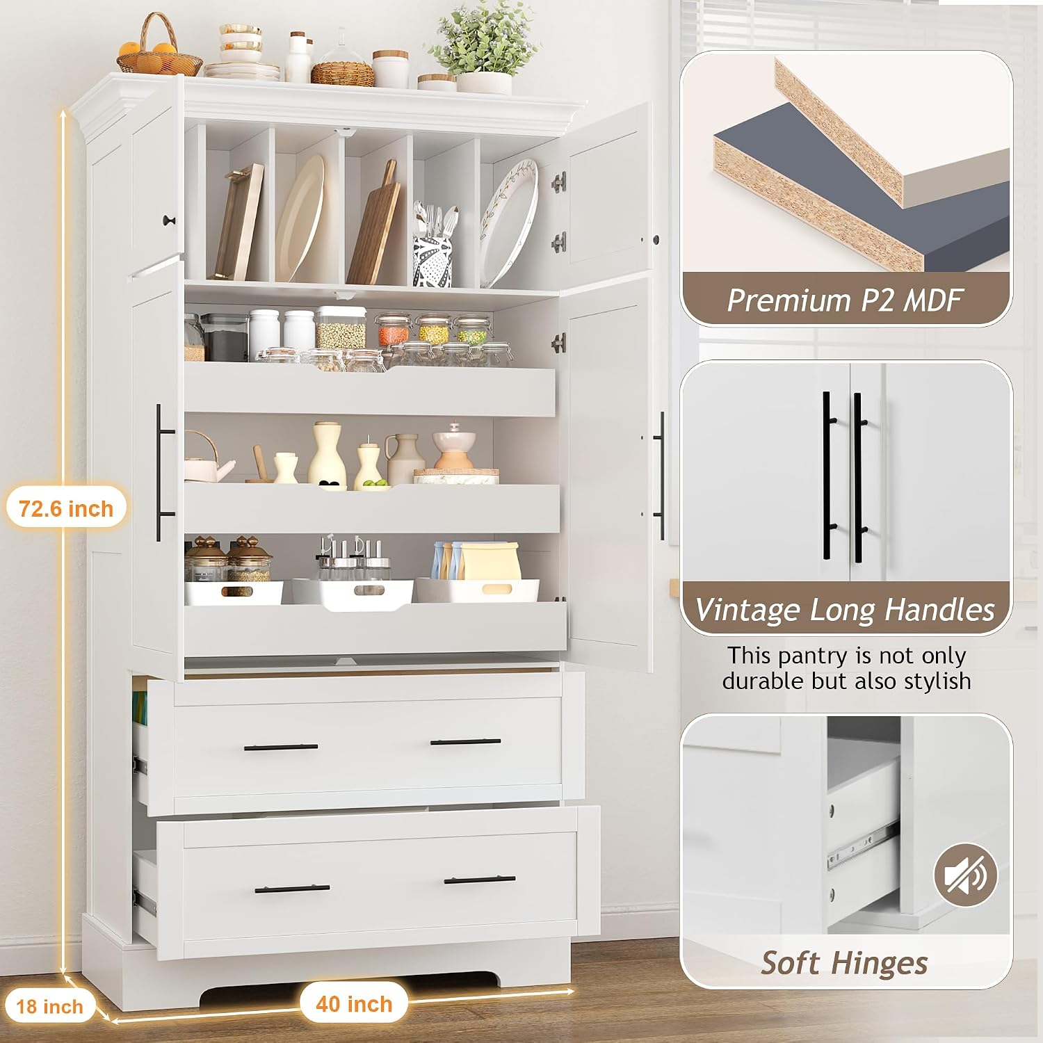 JIJIWANG 72.6" H Farmhouse Freestanding Kitchen Pantry Storage Cabinet with Drawers and Shelves, Buffet with Pull-Out Trays and Cake Pan Storage Organizer White