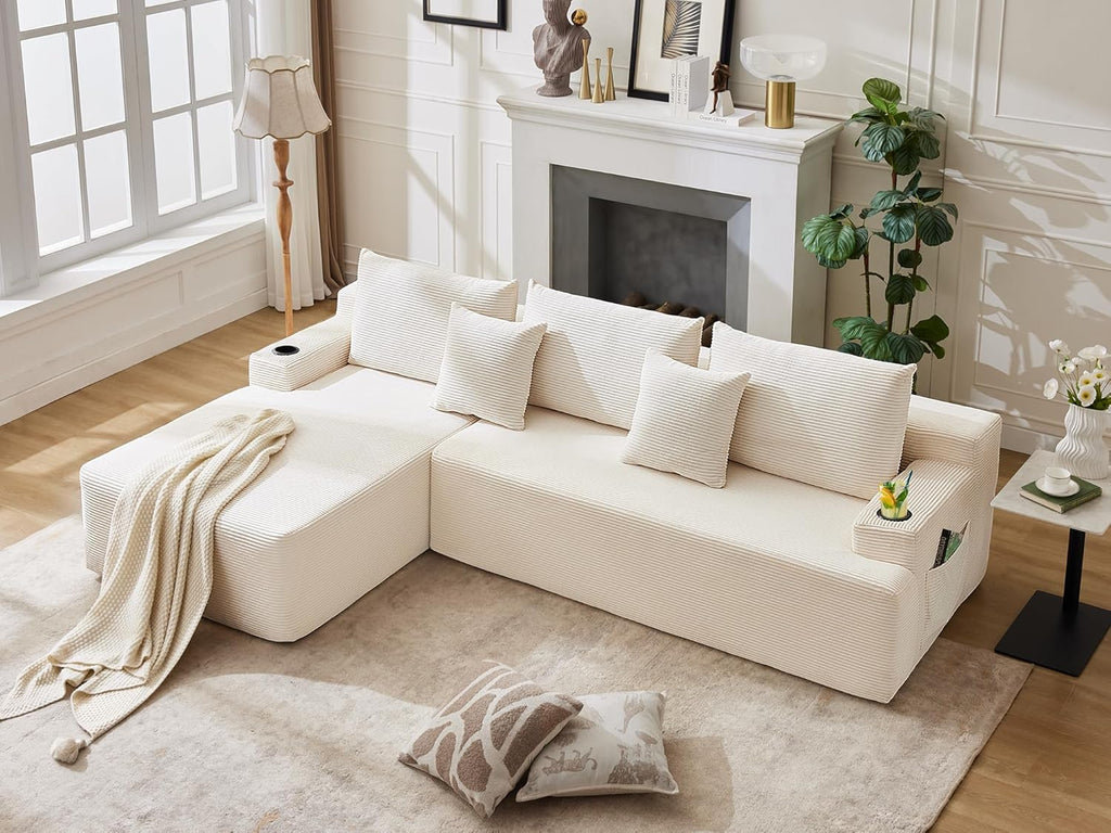 106" Cloud Sectional Couch, Modular Sectional Sofa with L-Shape Chaise, Corduroy Boneless Couch with Deep Seat, Upholstered Sofa for Living Room, No Assembly Required(Left-Facing Chaise, White)