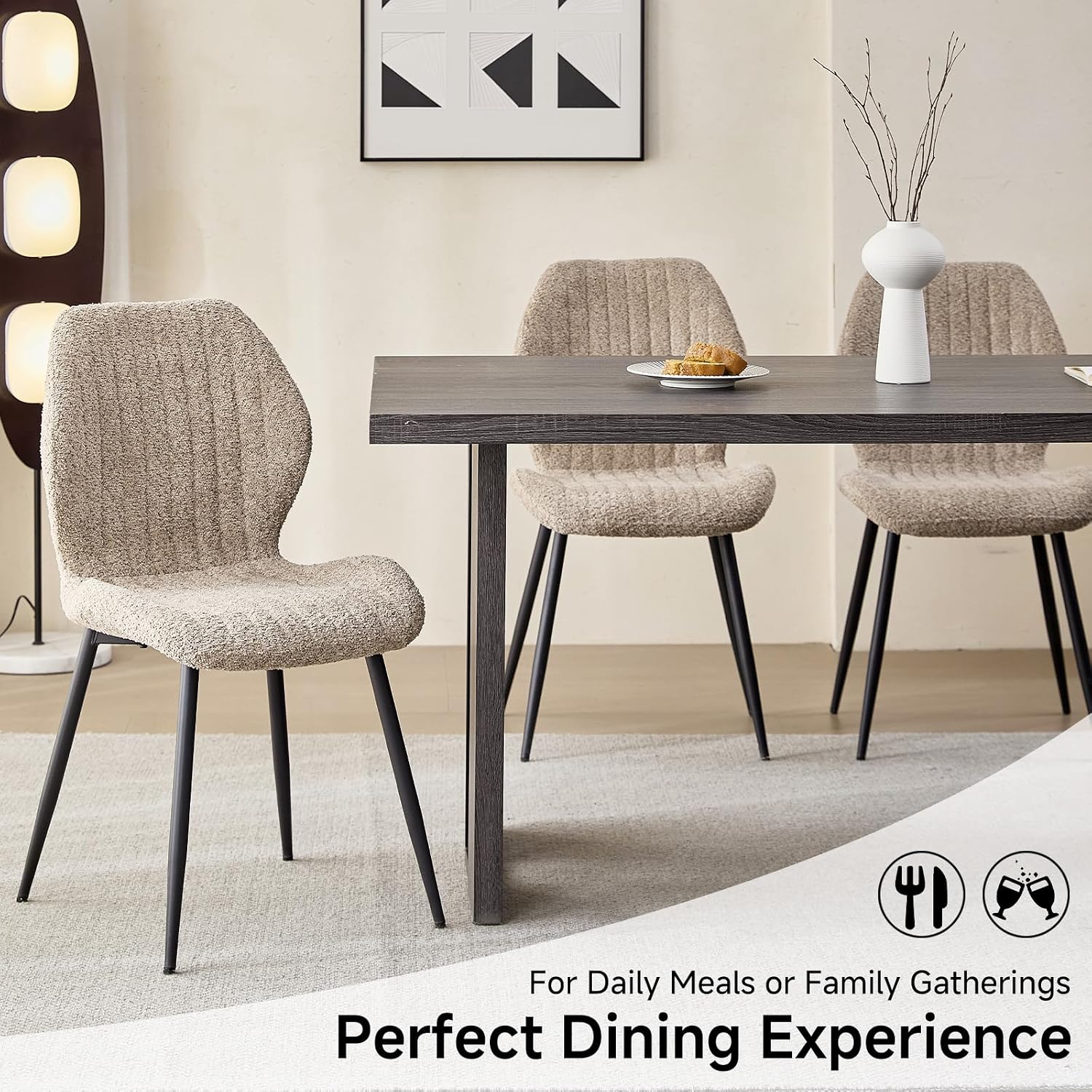 Set of 4 Boucle Dining Chairs – Modern Minimalist Upholstered Kitchen Chairs with Contoured Back and Metal Legs, Brown