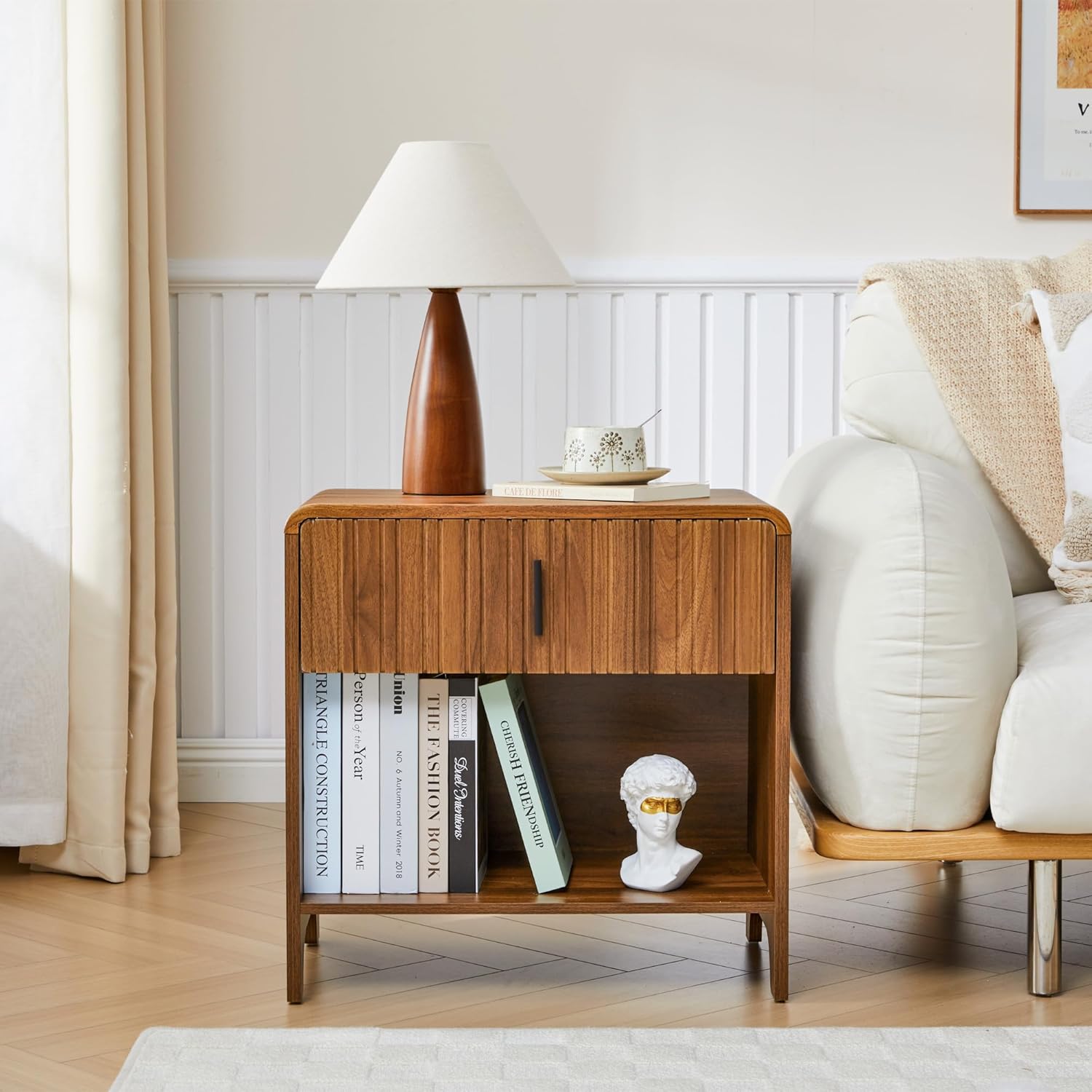 Fluted Night Stand Set of 2, Modern Nightstand Curved Profile, Drawer and Open Shelf - Bedside Table Wood Side Table Set for Bedroom (Walnut-2 nightstands)
