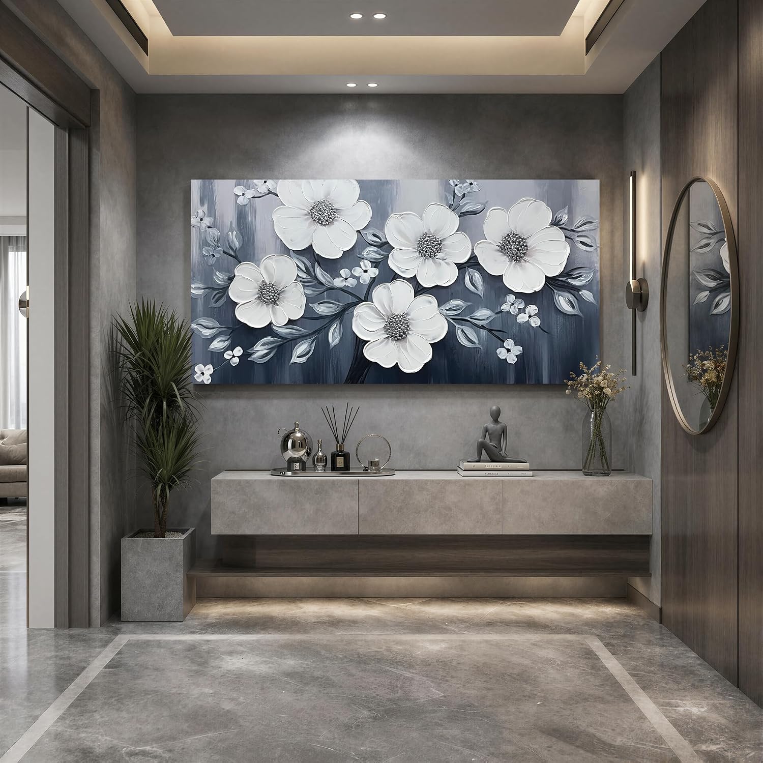 JuhaiArt Flower Wall Art White Wall Decorations Gray Picture Art Large 3D Floral Hand Painted for Bedroom Living Room Office 29" x 59"
