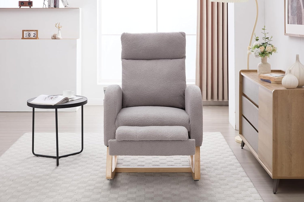 Adulto Wooden Rocking Chair Indoor Outdoor, Teddy Fabric Nursery Rocki,A8 | Features 15° gentle rocking motion, adjustable footstool, thickened headrest, side storage pocket, and solid wood base w