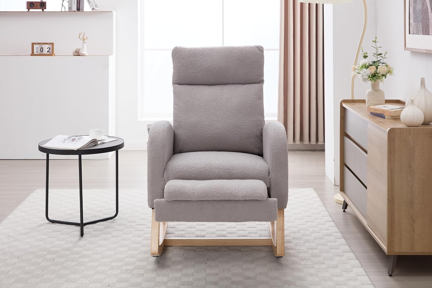 Adulto Wooden Rocking Chair Indoor Outdoor, Teddy Fabric Nursery Rocki,A8 | Features 15° gentle rocking motion, adjustable footstool, thickened headrest, side storage pocket, and solid wood base w