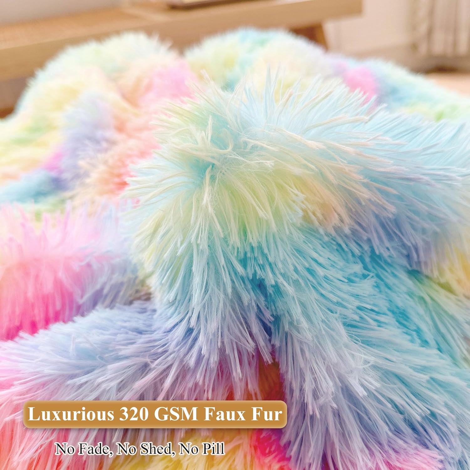 XeGe Kids Fluffy Faux Fur Bean Bag Chair Cover (No Filler), Soft Furry Stuffed Animal Storage Bean Bag Cover for Plush Toys, Shaggy Fuzzy Beanbag for Kids Teens Girls Children, Anti-Slip, Rainbow