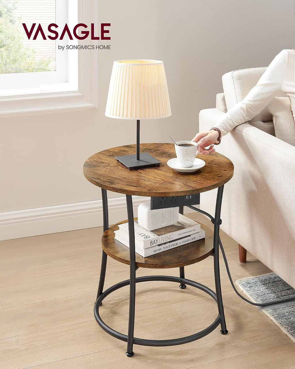 VASAGLE 21.7-Inch Round Side Table, 2-Tier End Table | Nightstand with Steel Frame, Spacious Top, for Small Spaces, Living Room, Bedroom, Rustic Brown and Ink Black ULET077K01