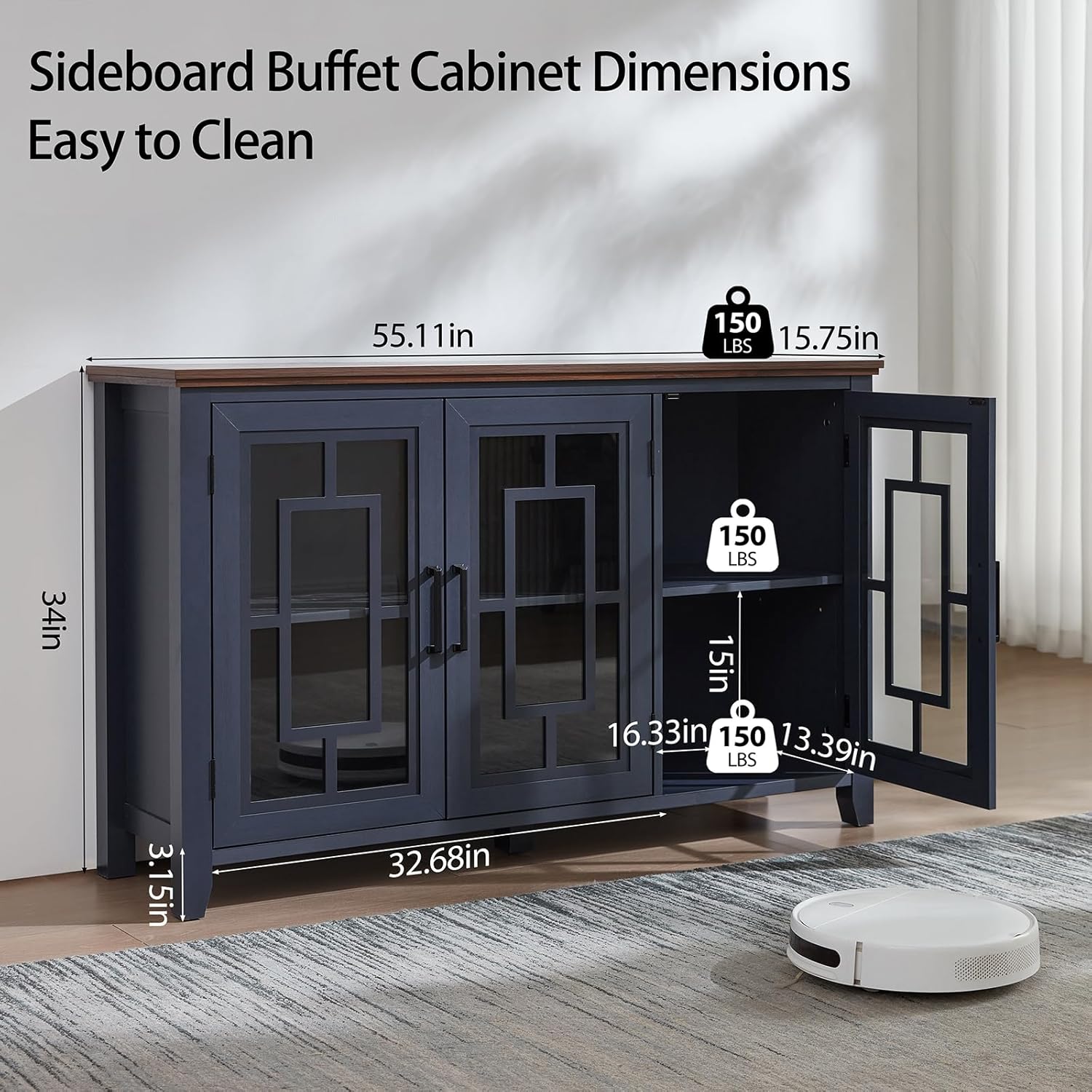 Joaxswe Large Sideboard Buffet Cabinet with Storage, 55" Farmhouse Credenza with 3 Glass Doors, Adjustable Shelves Console Table, Wood Kitchen Coffee Bar for Dining Room, Living Room, Navy Blue