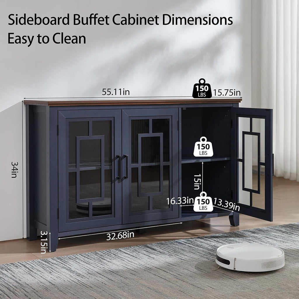 Joaxswe Large Sideboard Buffet Cabinet with Storage, 55" Farmhouse Kitchen Coffee Wine Bar Cabinet with 3 Glass Doors, Wood Mid Century Modern Side Board Table for Dining Room, Living Room,Navy Blue