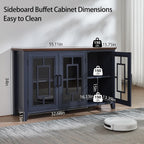 Joaxswe Large Sideboard Buffet Cabinet with Storage, 55" Farmhouse Kitchen Coffee Wine Bar Cabinet with 3 Glass Doors, Wood Mid Century Modern Side Board Table for Dining Room, Living Room,Navy Blue