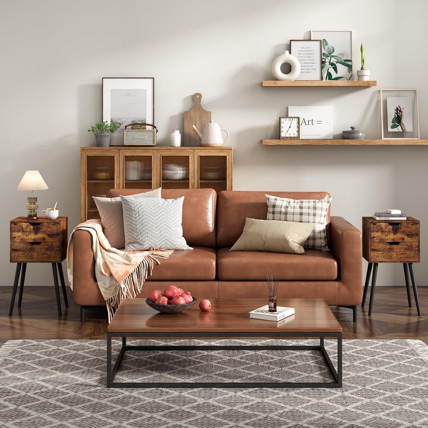 JAXPETY End Tables Set of 2, Night Stand with Drawers, Bedside Tables with Solid Wood Legs and Large Storage Space, Side Table for Living Room/Bedroom(Brown)