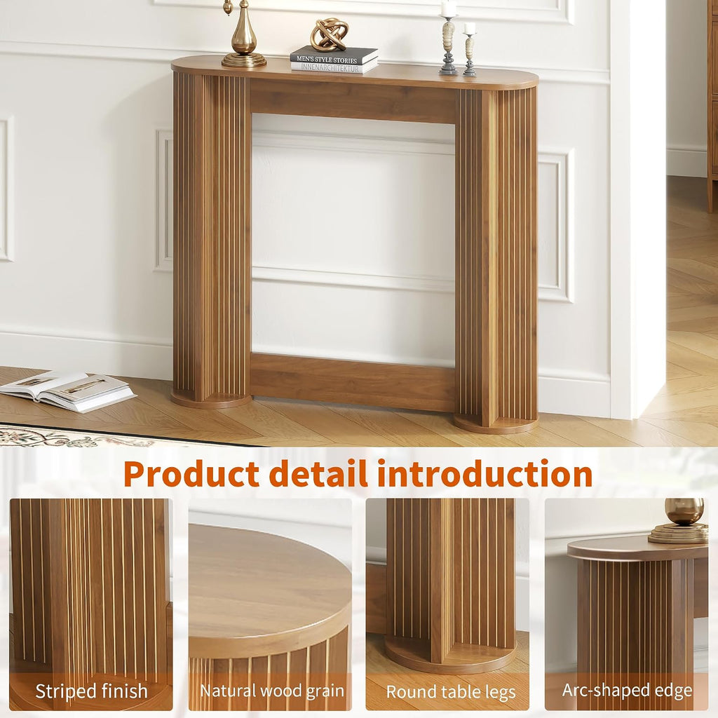 35 Inch Small Narrow Console Table Behind Couch, Mid-Century Modern Fluted Skinny Entryway Table, Slim Sofa Table for Hallway, Living Room, Wood, Brown, Walnut