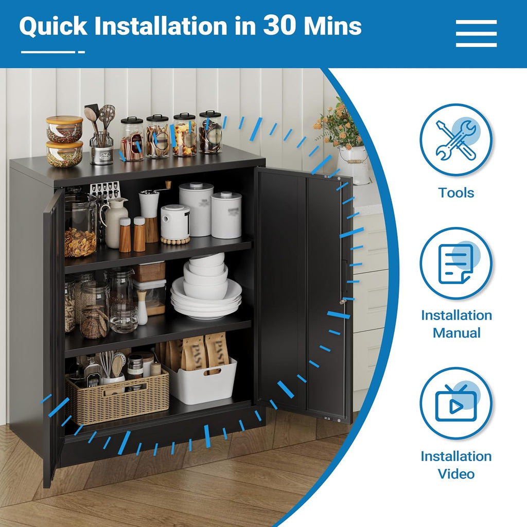 Metal Storage Cabinet, 36" Locking Steel Cabinet with 2 Doors and 2 Adjustable Shelves for Garage, Home, Office, Kitchen (Black, 36" H x 32" W x 16" D)