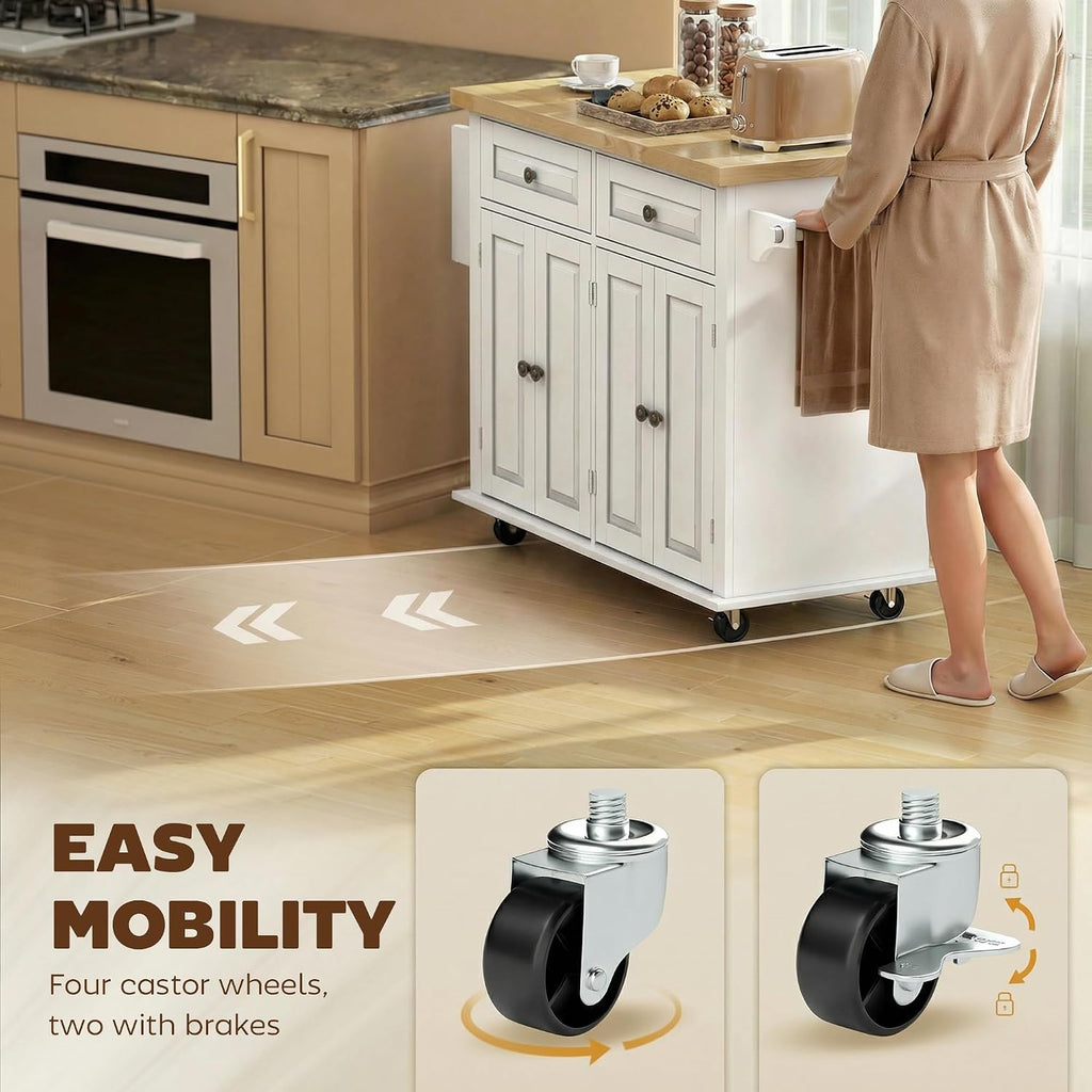 HOMCOM Kitchen Island Cart with Solid Wood Top, 44" Mobile Kitchen Island Table on Wheels with Storage Cabinets, 2 Drawers, Adjustable Shelves, Spice Rack & Towel Bar for Dining Room, White