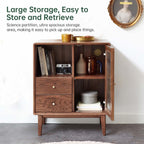 Mid-Century Modern Solid Wood Accent Cabinet 25.6" W x 15.7" D x 31.5" H – Buffet Sideboard with Glass Door & 2 Drawers, Easy Assembly, Walnut/Natural