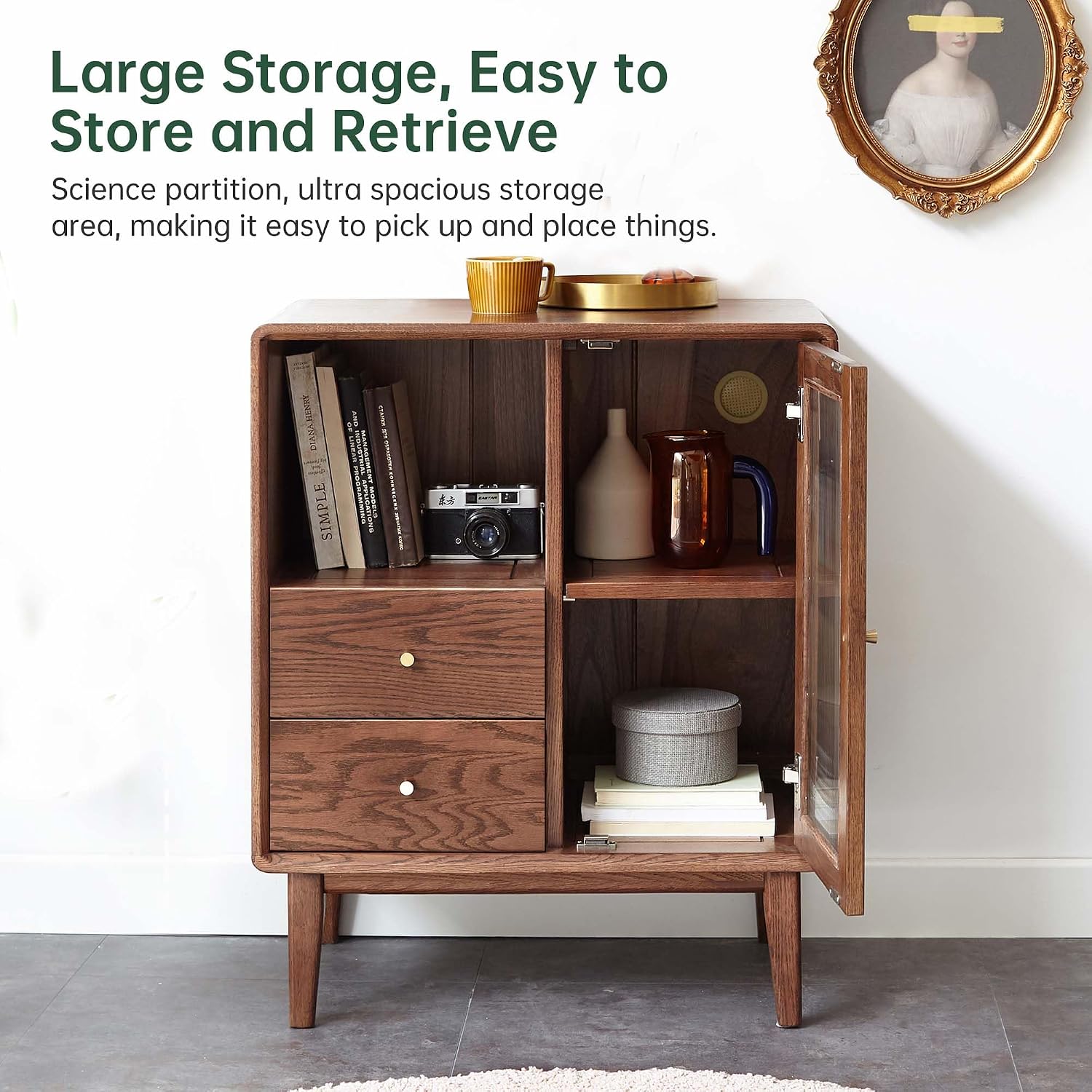 Mid-Century Modern Solid Wood Accent Cabinet 25.6" W x 15.7" D x 31.5" H – Buffet Sideboard with Glass Door & 2 Drawers, Easy Assembly, Walnut/Natural