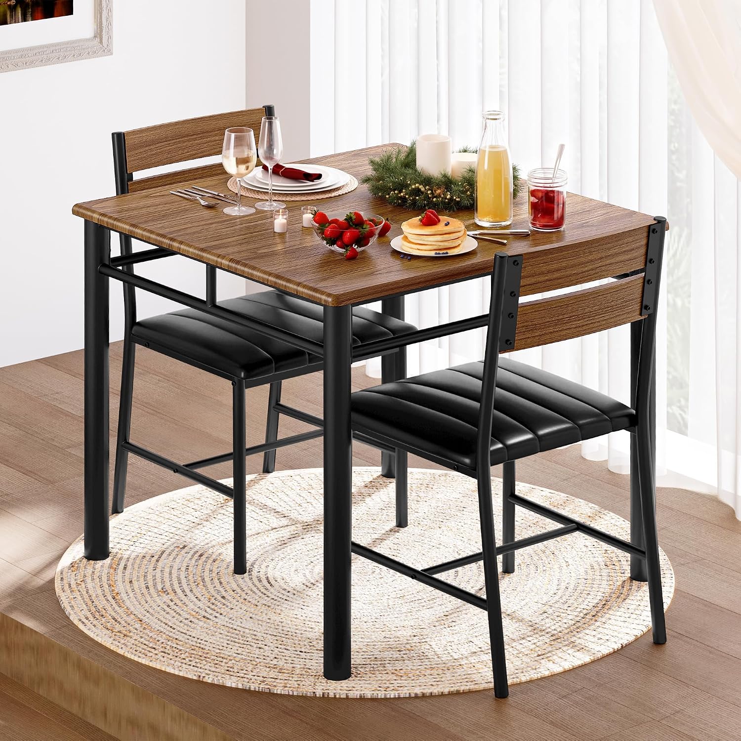 IRONCK Dining Table Set for 2, Small Kitchen Table with Upholstered Chairs for Kitchen & Dining Room, Compact Dining Set for Small Spaces, Walnut