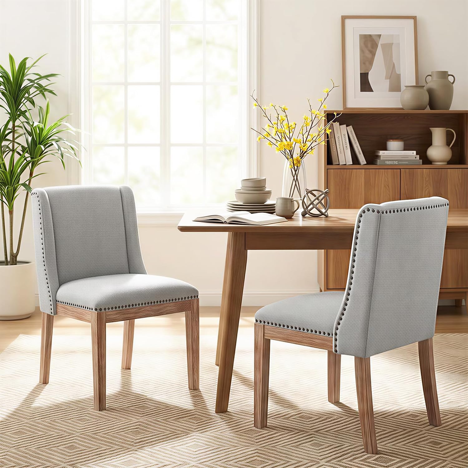 MALOL Dining Chair Set of 2, Fabric Upholstered Kitchen Side Chairs with Wooden Legs for Kitchen & Restaurant Use, LightGrey