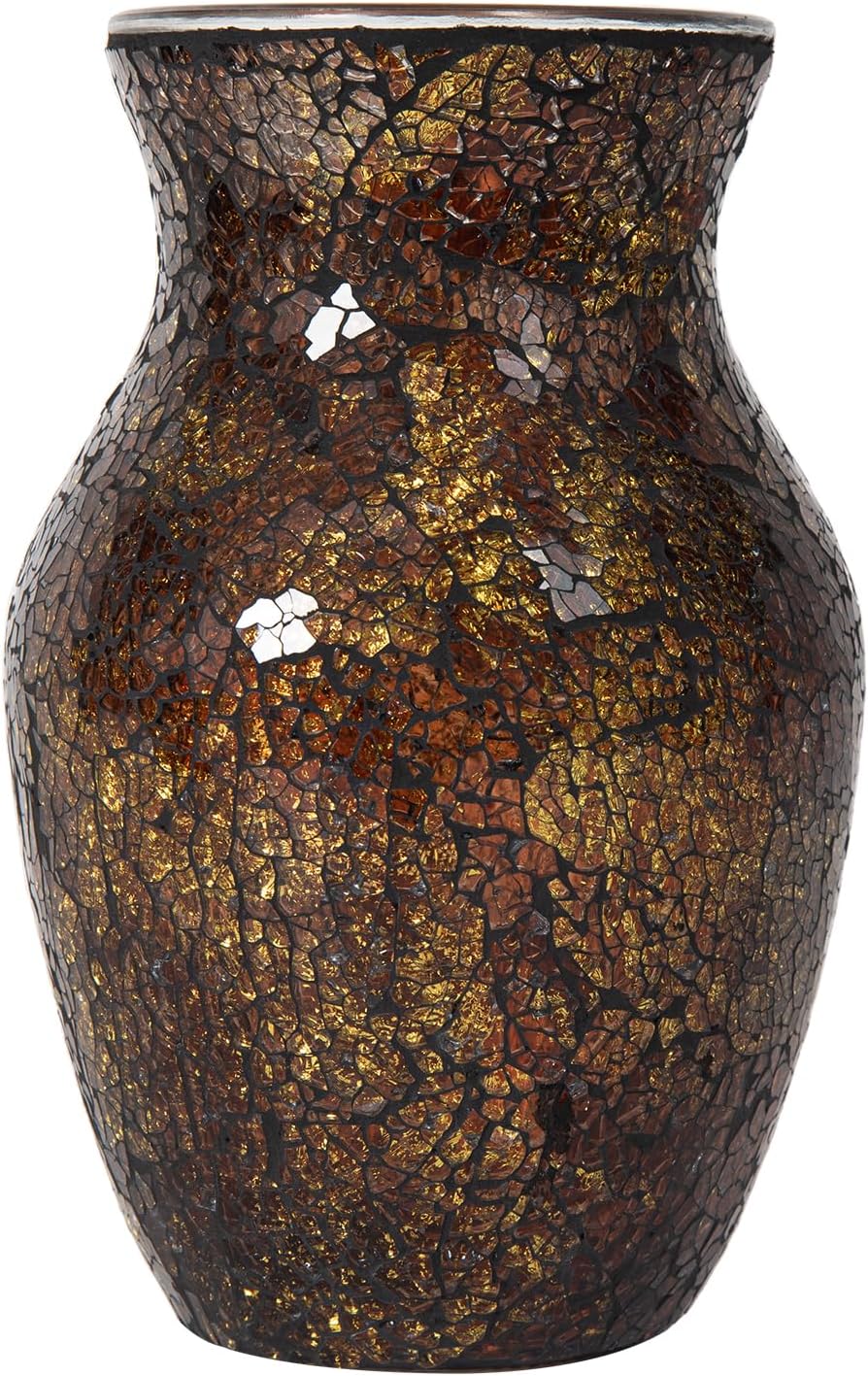 Mosaic Glass Flower Vase for Home Decor, Handmade Glass Vases for Living Room, Kitchen, Wedding, Office (Brown, 5 * 8 Inch)