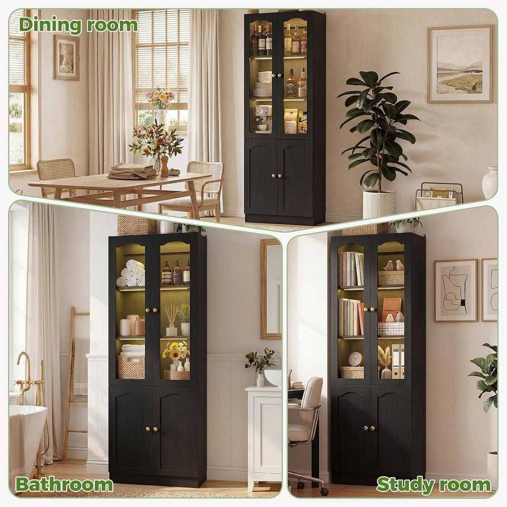 Cyclysio 80" Tall Pantry Cabinet with Arched Glass Doors and Lower Storage Cabinet, 2 Set Black Kitchen Pantry Storage Cabinet with Interior Motion Sensor Light, Adjustable Shelf, Baseboard Cutout