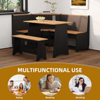 Farmhouse Breakfast Nook Table Set, Dining Nook Set with Corner Bench,with Storage Function Mid Century Modern Small Dining Table Set, Kitchen Table Corner Set (Black + Natural)