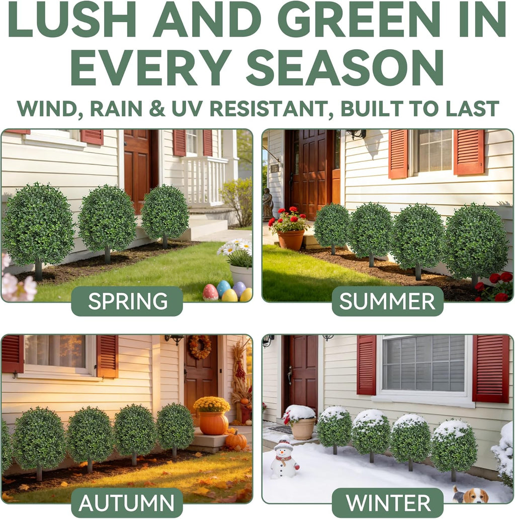 Artificial Boxwood Topiary Trees Outdoor Set of 2, UV Resistant Faux Outdoor Plants with Real Wood Trunk & Metal Ground Stakes, Wind Resistant Boxwood Ball Bushes for Front Porch Patio Entryway Decor