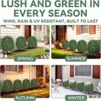 Artificial Boxwood Topiary Trees Outdoor Set of 2, UV Resistant Faux Outdoor Plants with Real Wood Trunk & Metal Ground Stakes, Wind Resistant Boxwood Ball Bushes for Front Porch Patio Entryway Decor