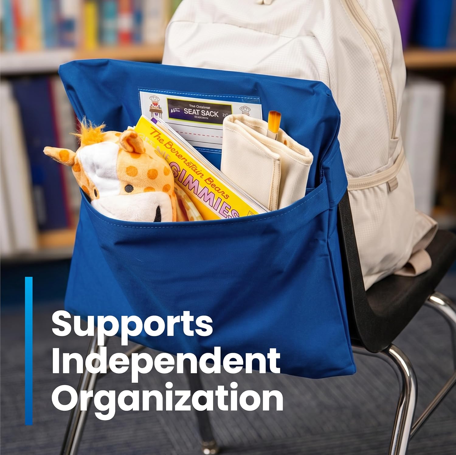 Seat Sack Student Chair Storage Pocket - 14", Single Pocket, Classroom Chair Organizer for Student Desks, Durable Over-the-Chair Storage, Blue, 1-Pack