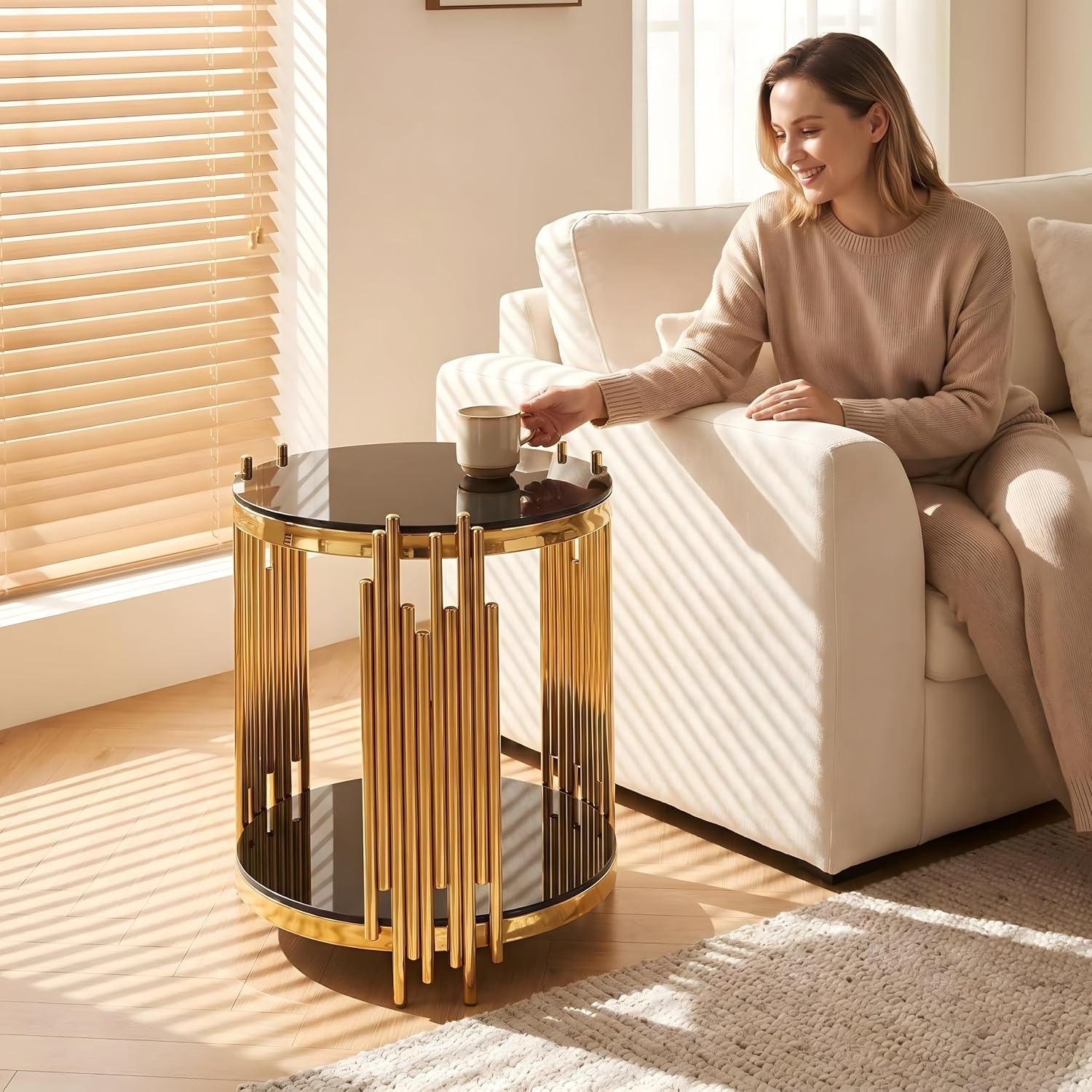 Round Glass End Table with 2-Tier Tempered Glass Top, Stainless Steel Legs Side Table, Modern Accent Table for Living Room Bedroom Home Office