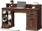 55inch Farmhouse Executive Desk with 2 Drawers and File Cabinet, Computer Desk with 3-Tier Storage Shelves, Home Office Desk with Charging Station, Pegboard and Monitor Shelf, Brown