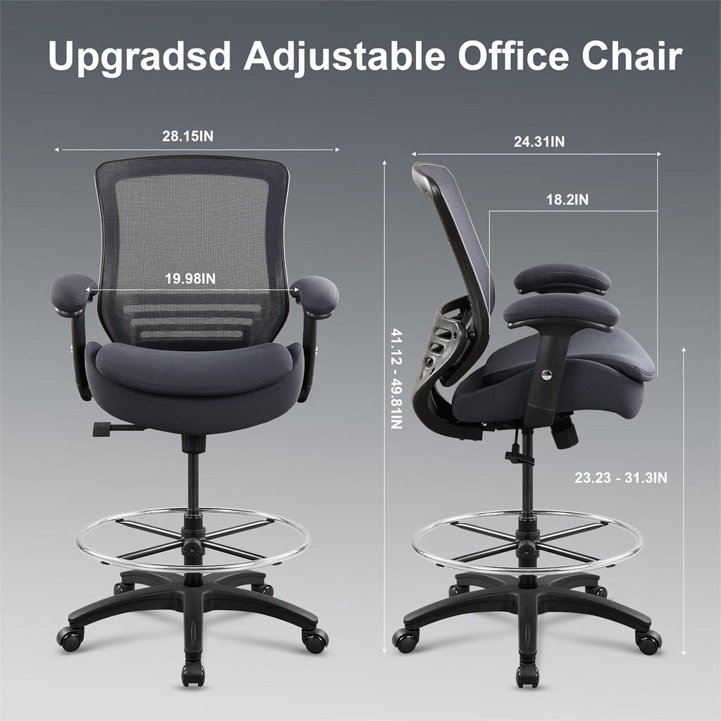 400lbs Office Drafting Chair Wide Dual Seat Cushion Height Adjustable Armrest for High Standing Desk with Lumbar Support and Enlarged Adjustable Footrest (Black Frame Gray Fabric)