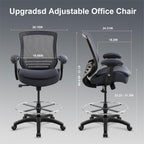 400lbs Office Drafting Chair Wide Dual Seat Cushion Height Adjustable Armrest for High Standing Desk with Lumbar Support and Enlarged Adjustable Footrest (Black Frame Gray Fabric)