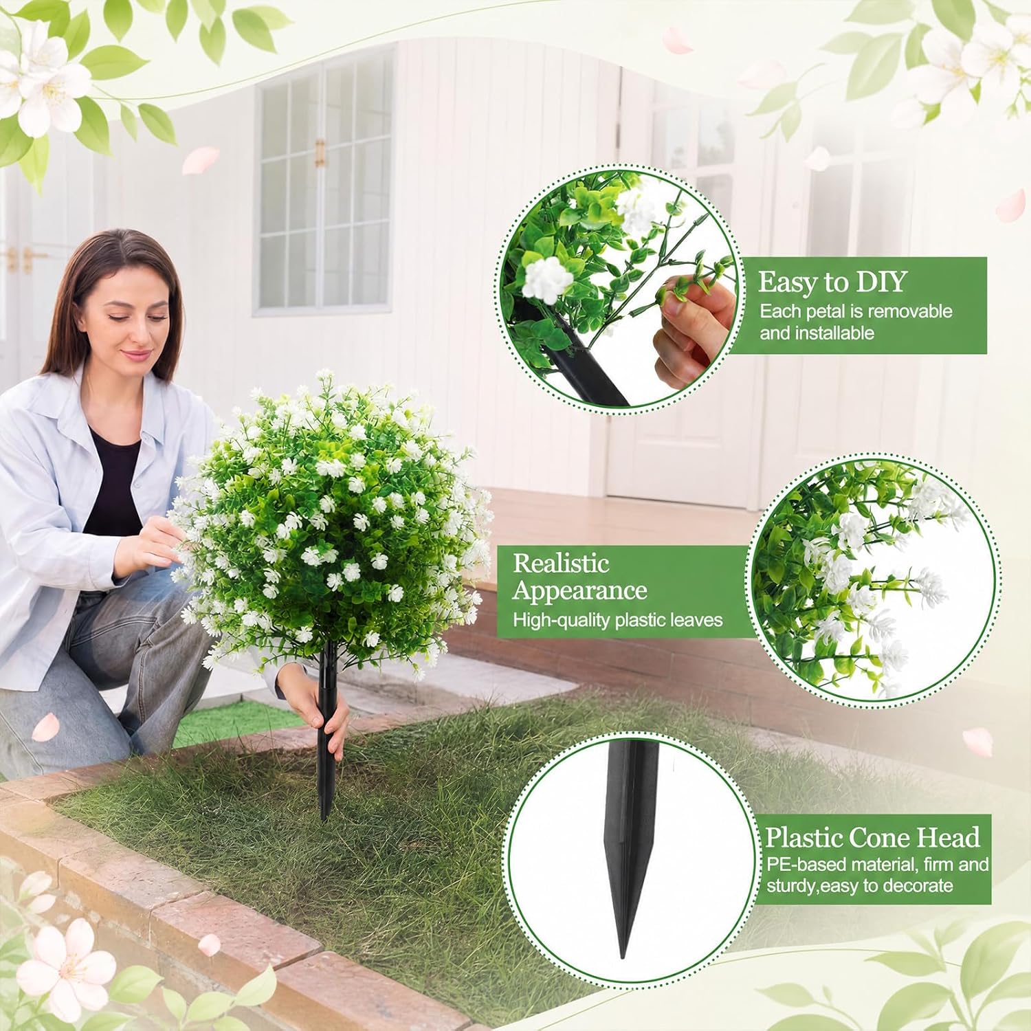 Suncalla Set of 2 Artificial Camellia Topiary Ball Tree Fake Bushes Shrubs Outdoor Faux Plant with Ground Spike 26x18 Inch Flowers UV Resistance Greenery for Porch Garden Patio (White,Camellia)