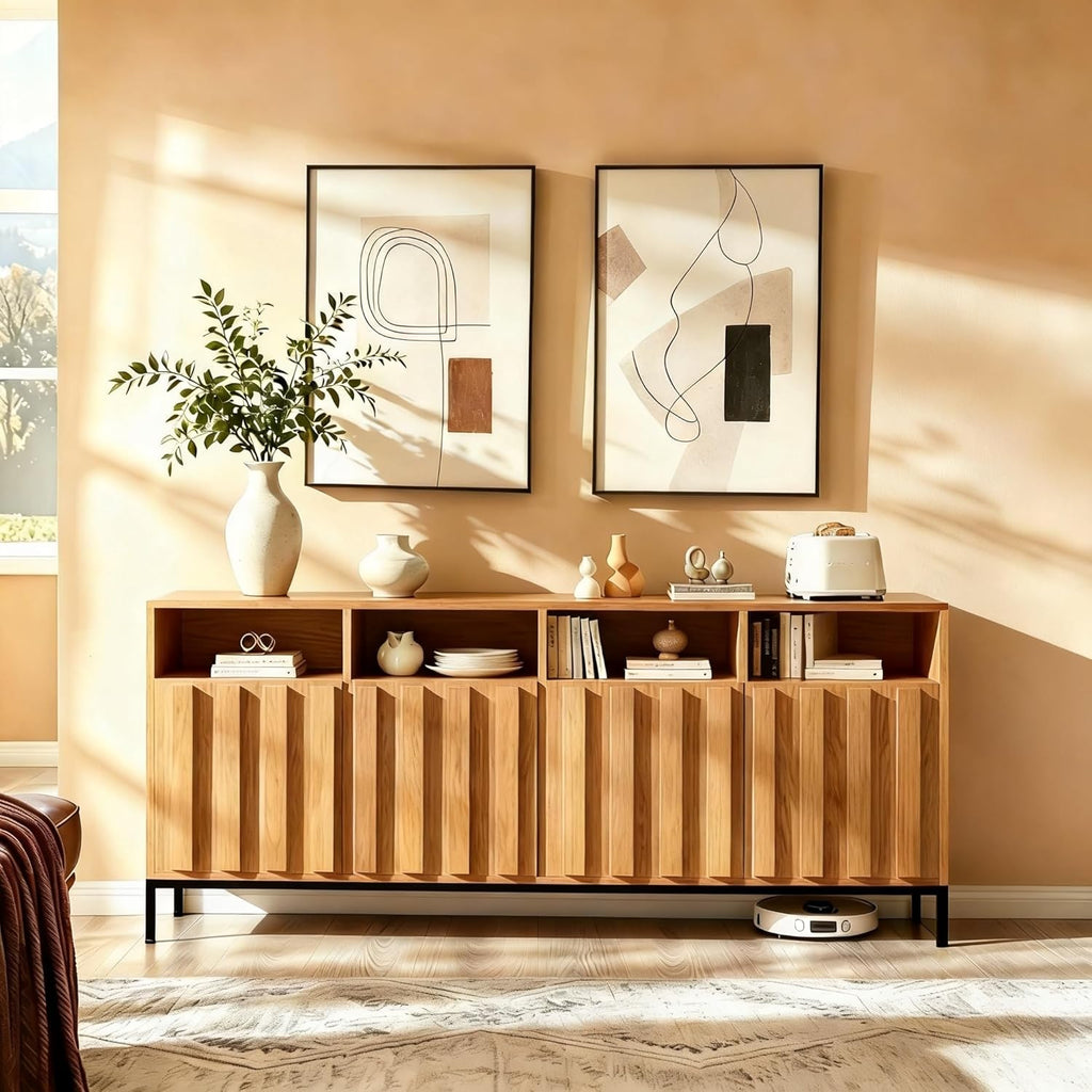 COCO DESIGN 70" Large Buffet Sideboard Cabinet with Power Outlets & Adjustable Shelves, Modern Farmhouse Accent Storage Credenza Console for Kitchen, Living Room, Oak