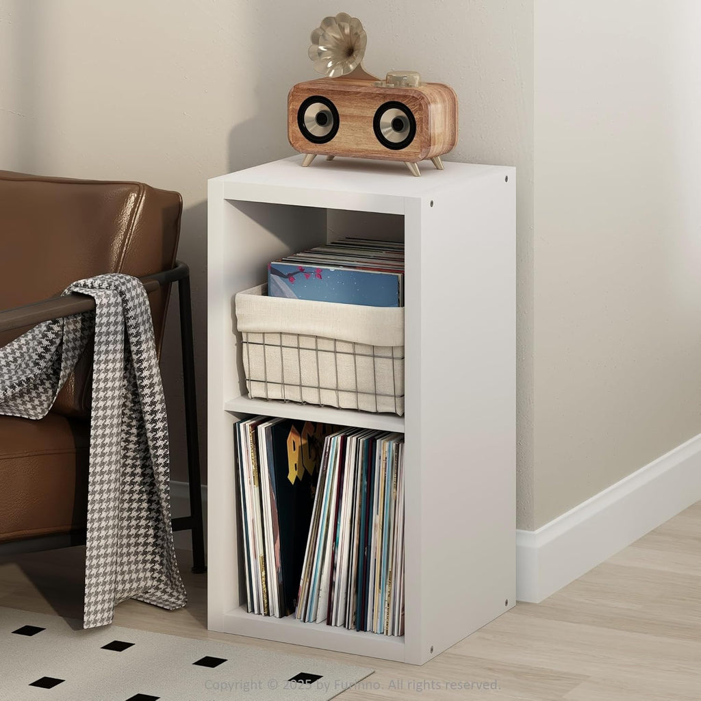 Furinno Cubicle Record Player Stand with Vinyl Storage, 2-Cube 1.2 Extra Thick Vinyl Record Storage, Open Back Media Shelf for CD DVD Blueray Game Disc, for Living Room, Home Office, White