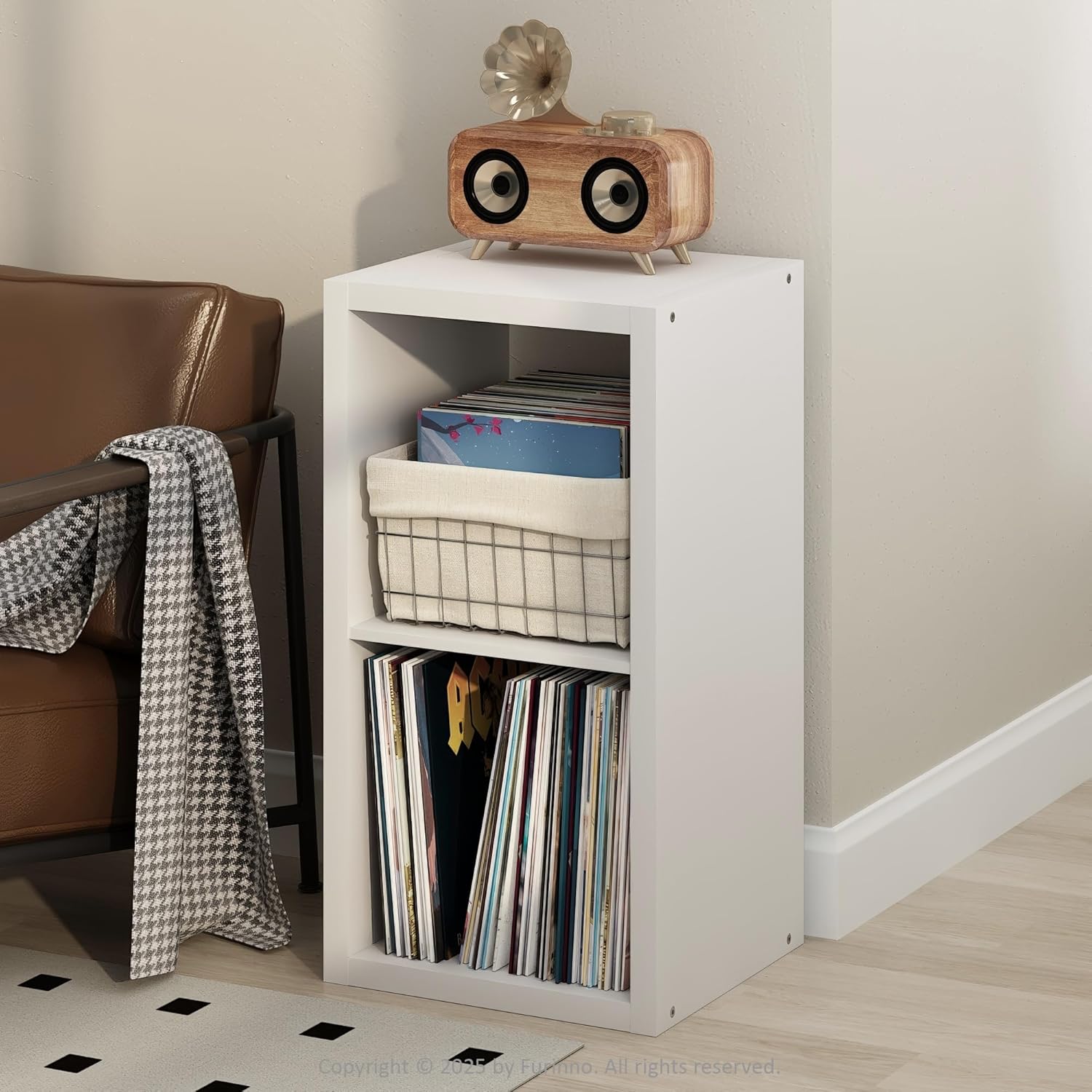 Furinno Cubicle Record Player Stand with Vinyl Storage, 2-Cube 1.2 Extra Thick Vinyl Record Storage, Open Back Media Shelf for CD DVD Blueray Game Disc, for Living Room, Home Office, White