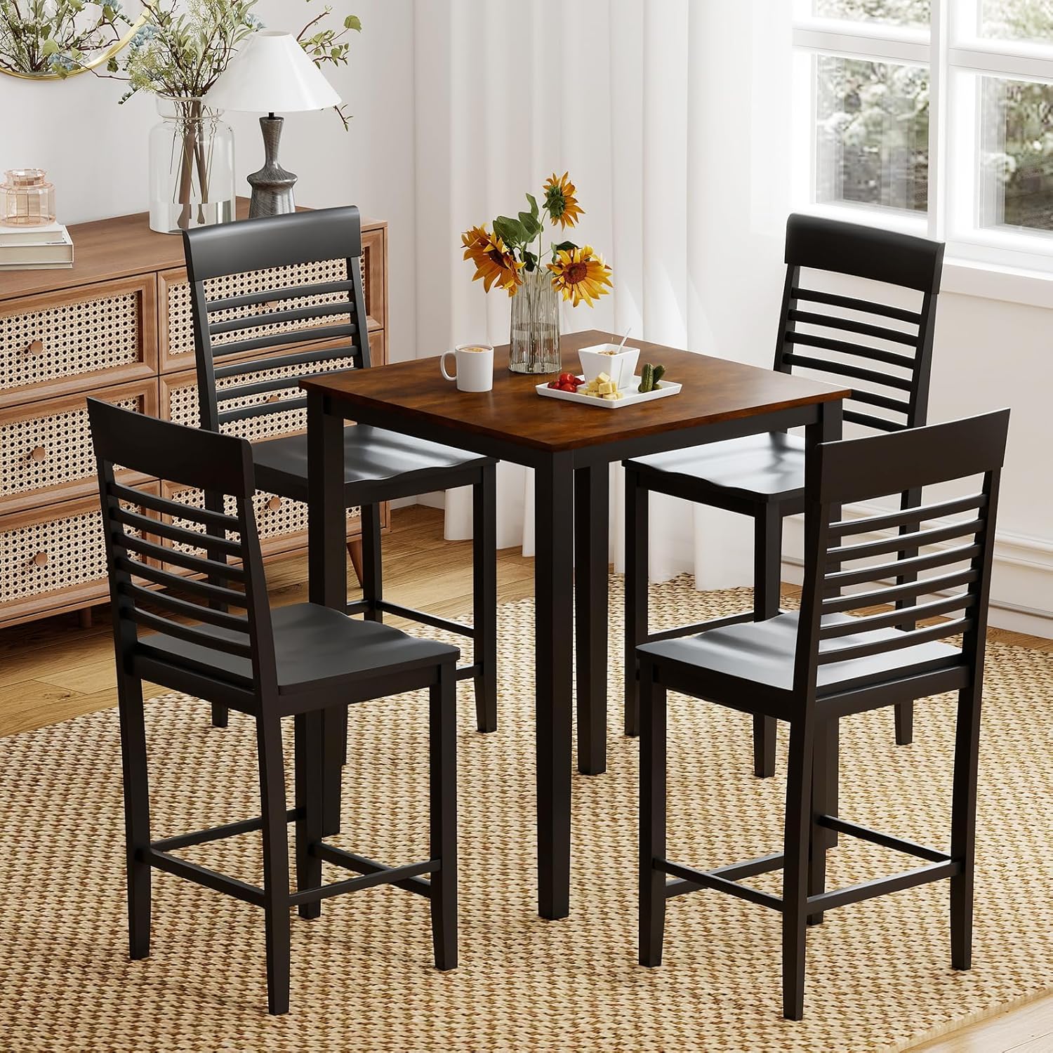 Giantex 5-Piece Dining Table Set for 4, Counter-Height Square Kitchen Table and Chairs Set with Rubber Wood Frame, Curved Back, Footrest, Bar Table Set for Small Place Dinette Breakfast Nook