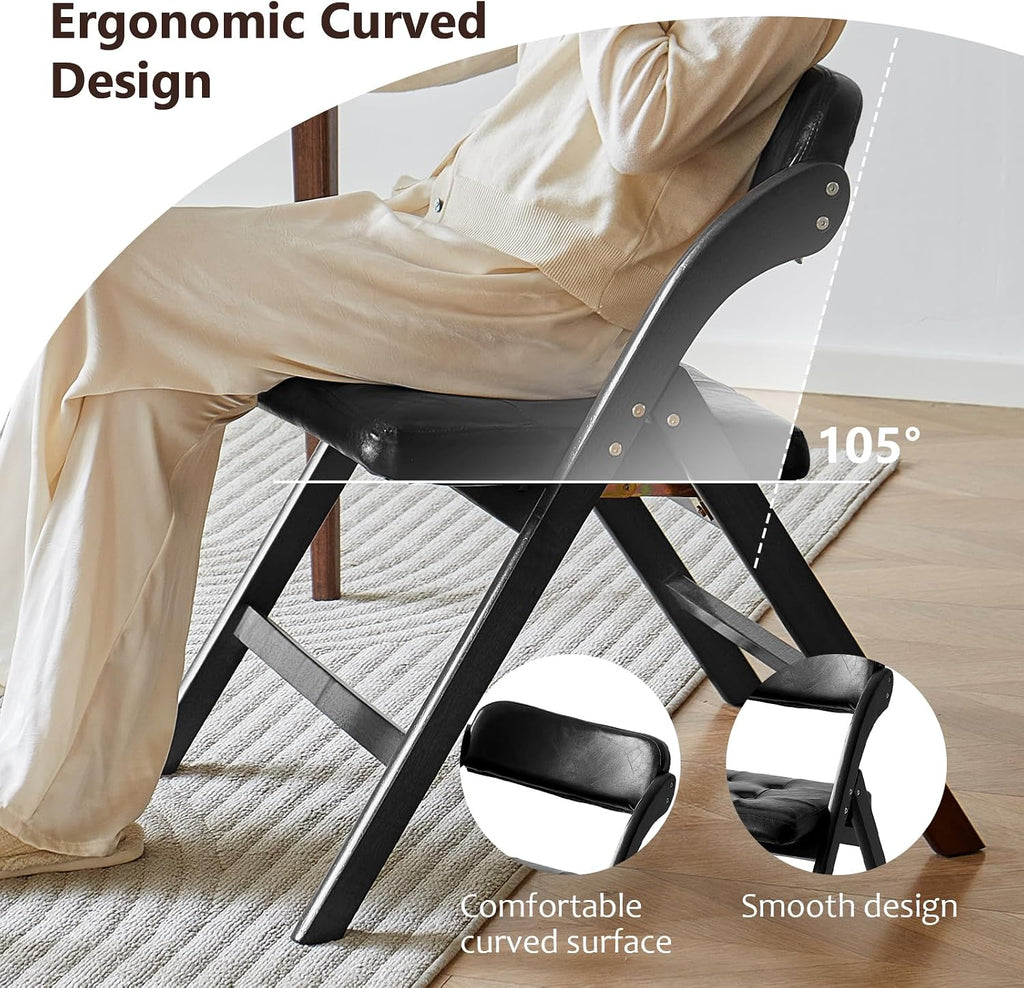Wood Folding Chairs Set of 2, Upholstered Foldable Dining Chairs with Padded Seat and Backrest, Portable Accent Chairs for Kitchen, Dining Room, Apartment, Office, Guest Seating, Black
