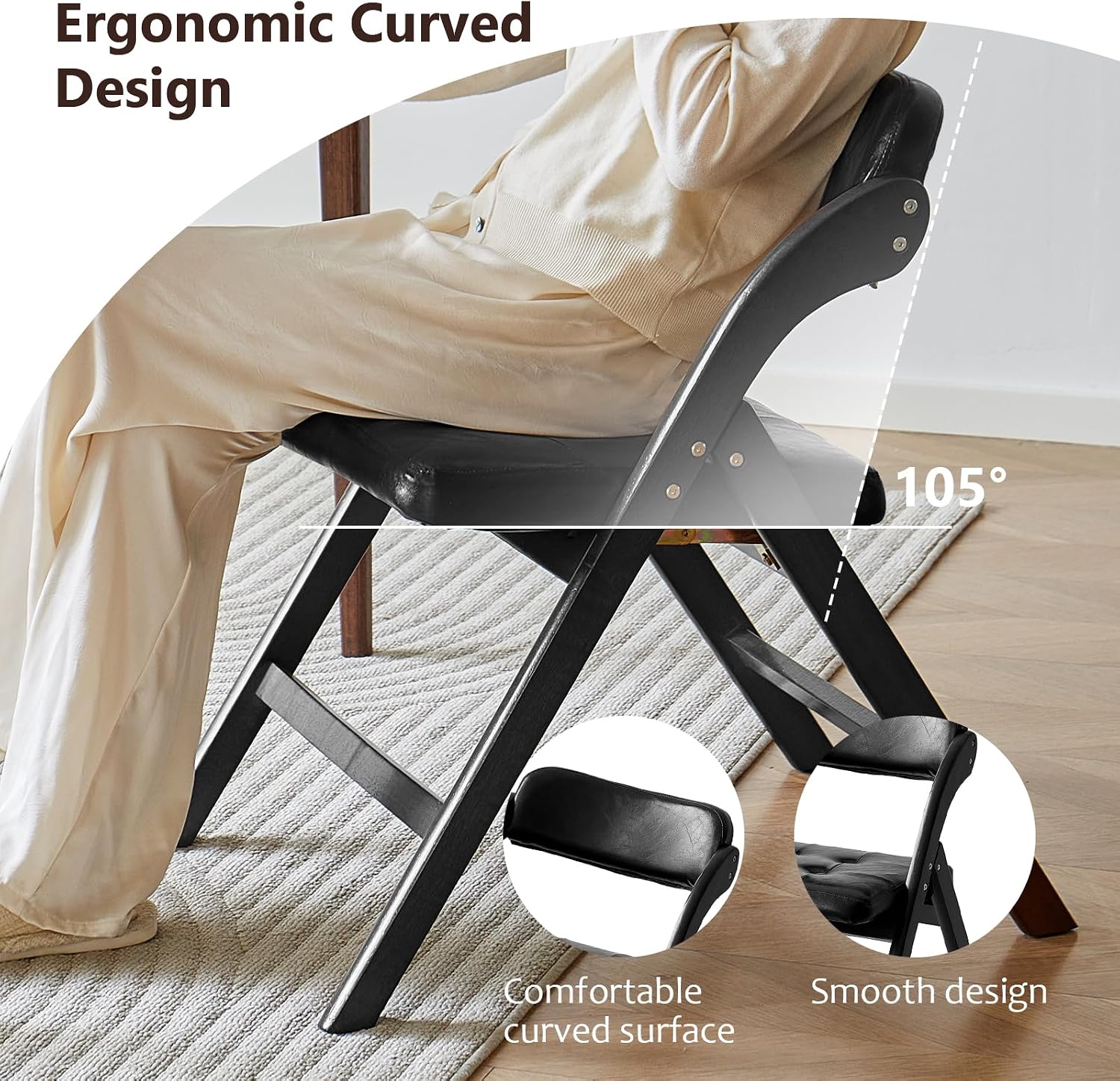 Wood Folding Chairs Set of 2, Upholstered Foldable Dining Chairs with Padded Seat and Backrest, Portable Accent Chairs for Kitchen, Dining Room, Apartment, Office, Guest Seating, Black