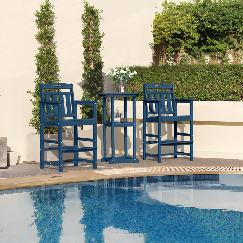 Outdoor Patio Bar Height Chair, All-Weather HDPE Tall Balcony Adirondack Stools for Bistro, Garden, Backyard, Deck | Navy Blue