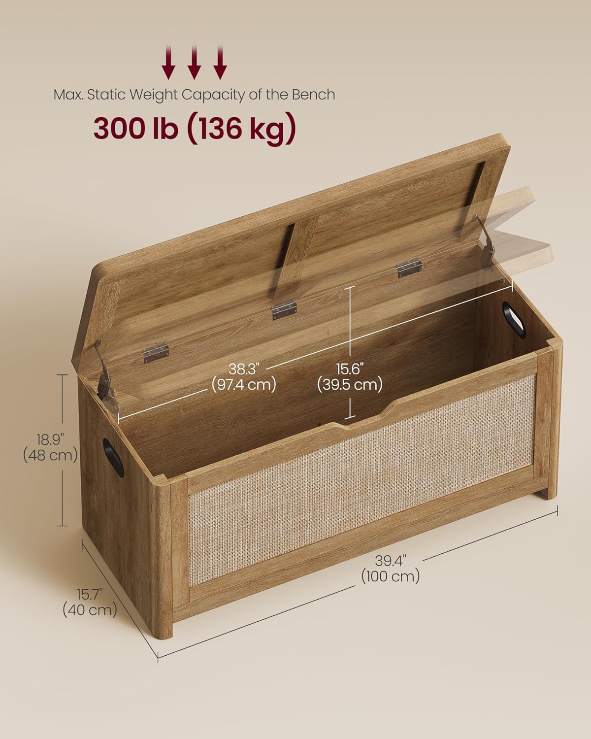 VASAGLE ELLAN Collection - Boho Storage Bench with Rattan Look, Storage Chest with Rounded Corners, Blanket Chest and Trunk with Seat for Bedroom Entryway, Natural Brown ULSB503KC01