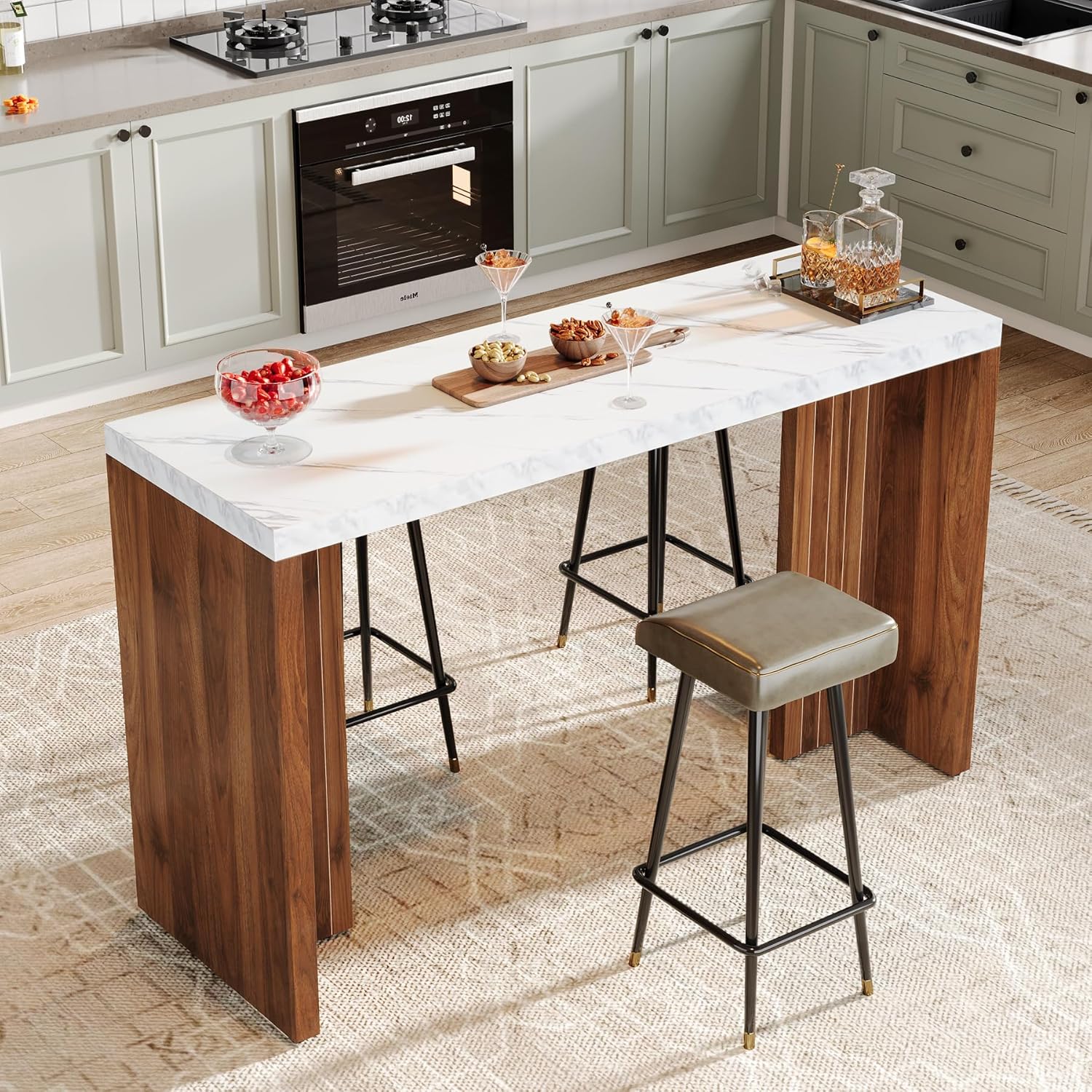 Tribesigns 55.12-Inch Bar Table, Modern Counter Height Pub Table with a Faux Marble Tabletop, Rectangular Home Coffee Bar Unit for Kitchen, Dining Room, Living Room, Balcony, Basement, Walnut & White