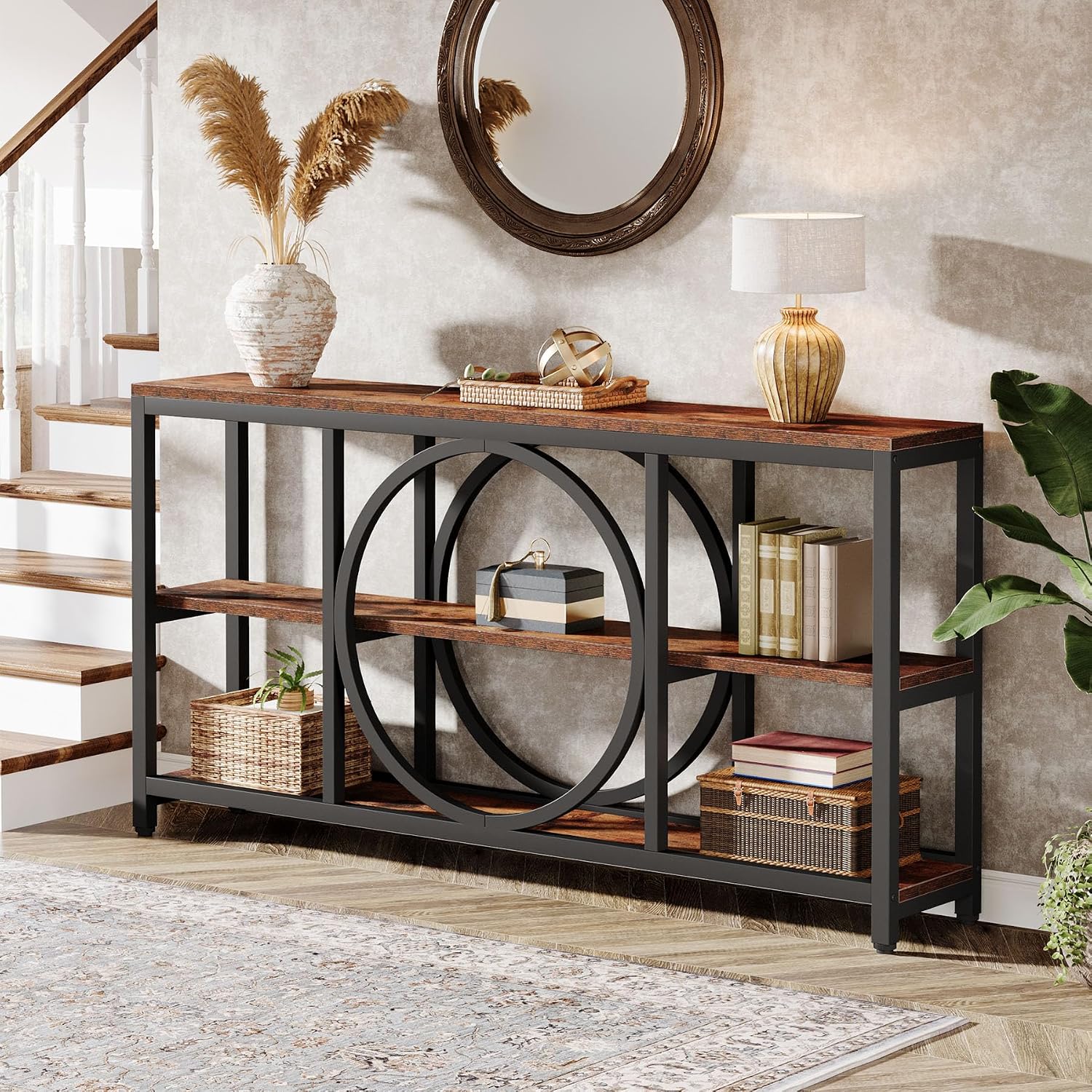Tribesigns 70.9 Inch Extra Long Console Table for Entryway, Sofa Table Behind Couch with 3 Tier Wood Storage Shelves Industrial Metal Frame for Living Room Hallway Entryway, Brown Black